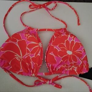 Floral Pink and Orange Reversible Striped Halter Bikini Top